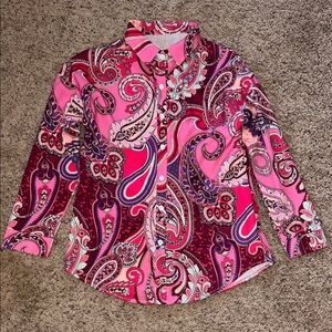 SHEIN Pink and Red Paisley Button Down Shirt with 3/4 Length Sleeves